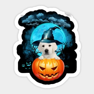 White Labrador Witch Hat Pumpkin And Blue Moon Halloween Sticker